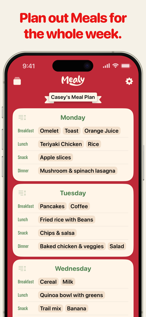 Weekly Meal Planner - Mealy - Mealy App wöchentlicher Essensplanungs-Dashboard mit Mahlzeiten für Montag, Dienstag und Mittwoch