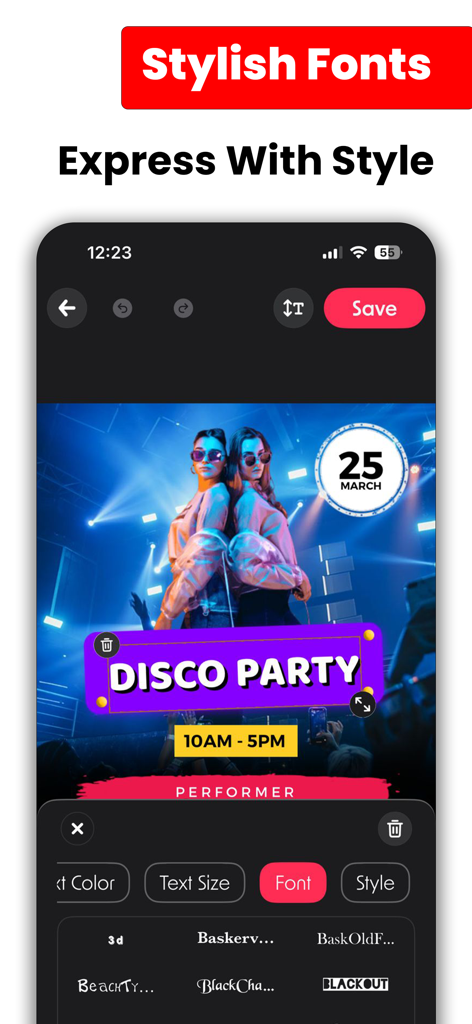 Poster & Flyer Maker: PostArt - PostArt mobile app interface for selecting stylish fonts for a flyer design