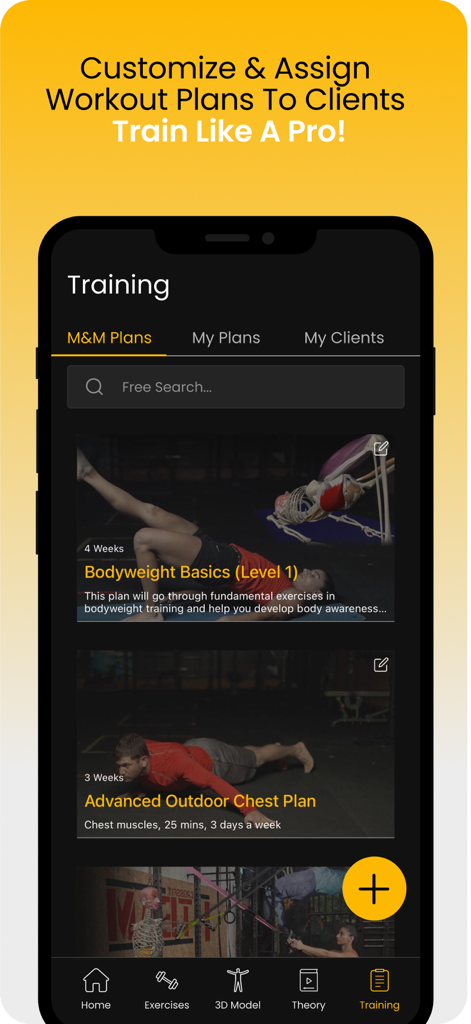 The Training interface of the Strength Training app showing various workout plans and options to assign them to clients.