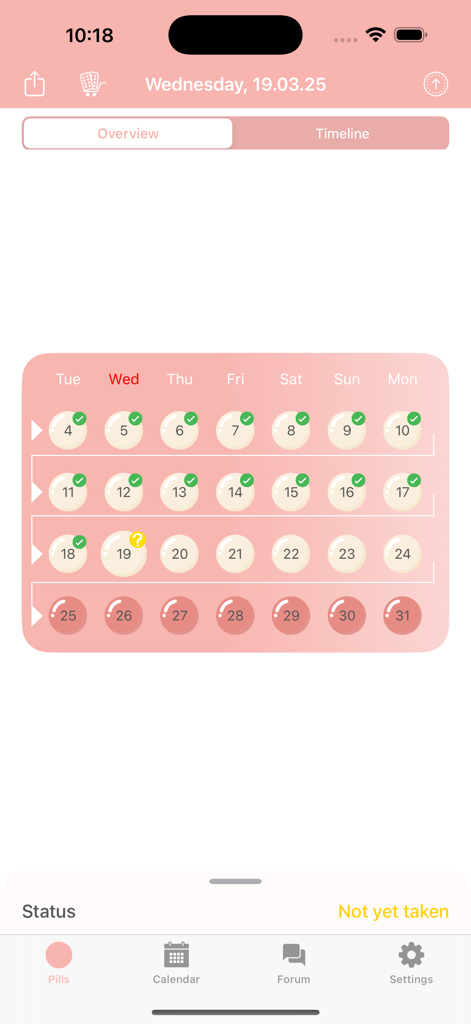 A digital birth control blister pack overview screen showing daily pill tracking with status indicators