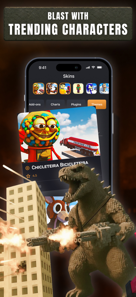 Interface de l'application Teardown Game présentant des skins de personnages tendance et une créature voxel détruisant un gratte-ciel.