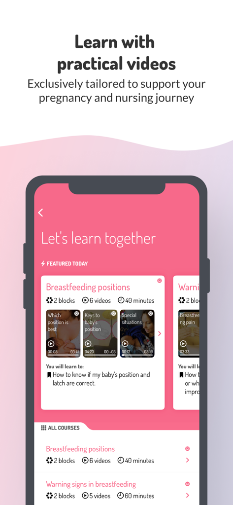 LactApp app screen showing breastfeeding video courses and nursing position guides