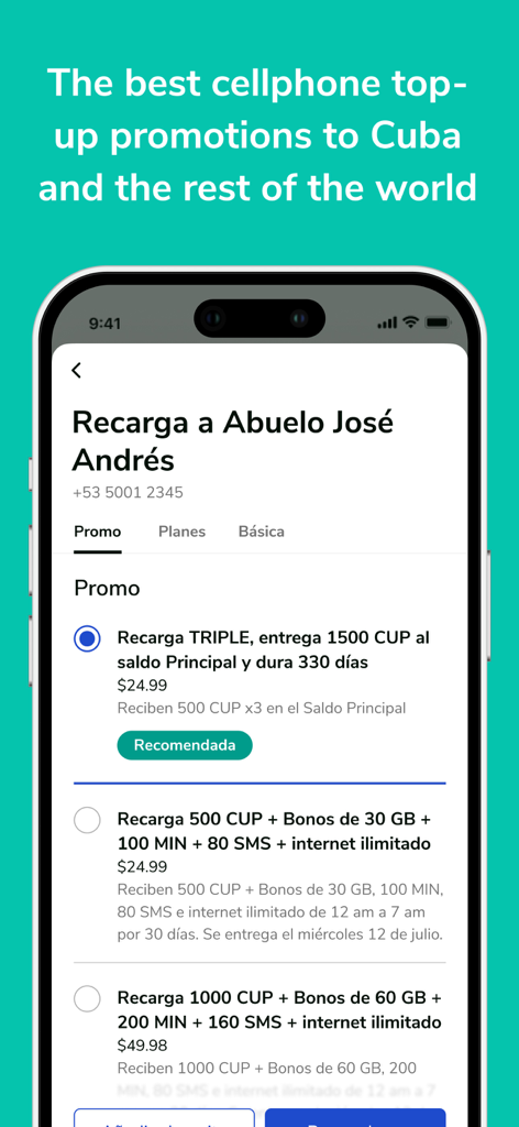 Cuballama app screen showing mobile phone top up promotions for Cuba