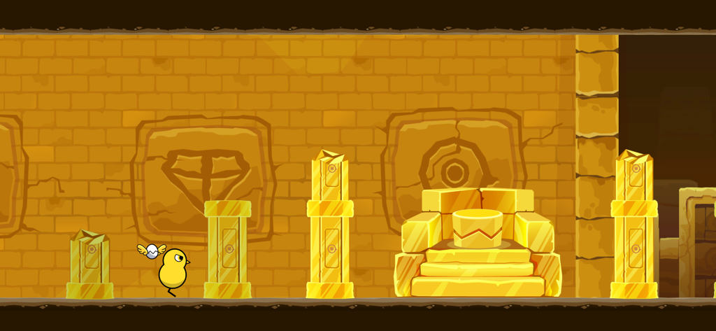 Duck Life 5: Treasure Hunt - A yellow duckling explores a golden ancient cave with a throne and treasure wall carvings