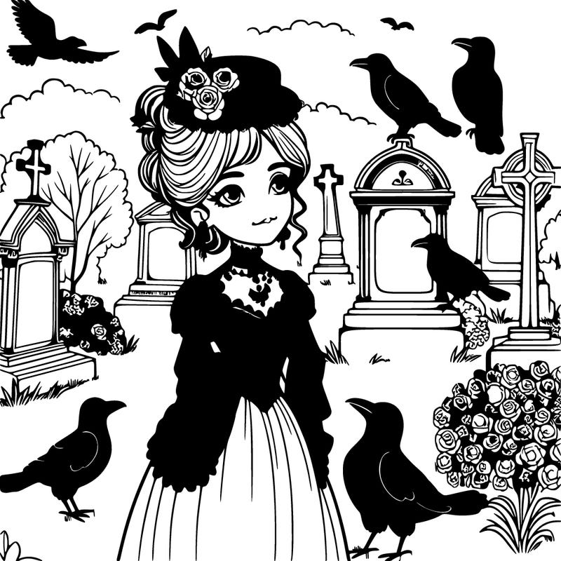 victorian lady in a cemetery with crows