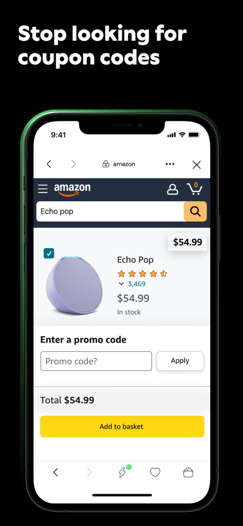 Joko | Cash back & discounts - Smartphone displaying Joko finding automatic promo codes on an Amazon checkout page