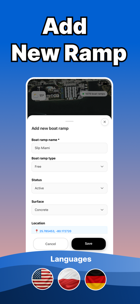 Interface do aplicativo móvel para adicionar uma nova rampa de lançamento de barcos com detalhes de localização e superfície