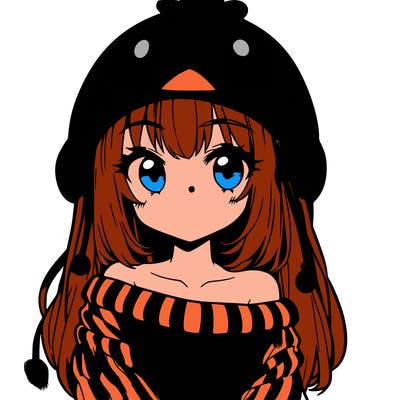 anime girl with chick shaped hat with sweater with bare shoulders with bangs covering them one eye with low tail