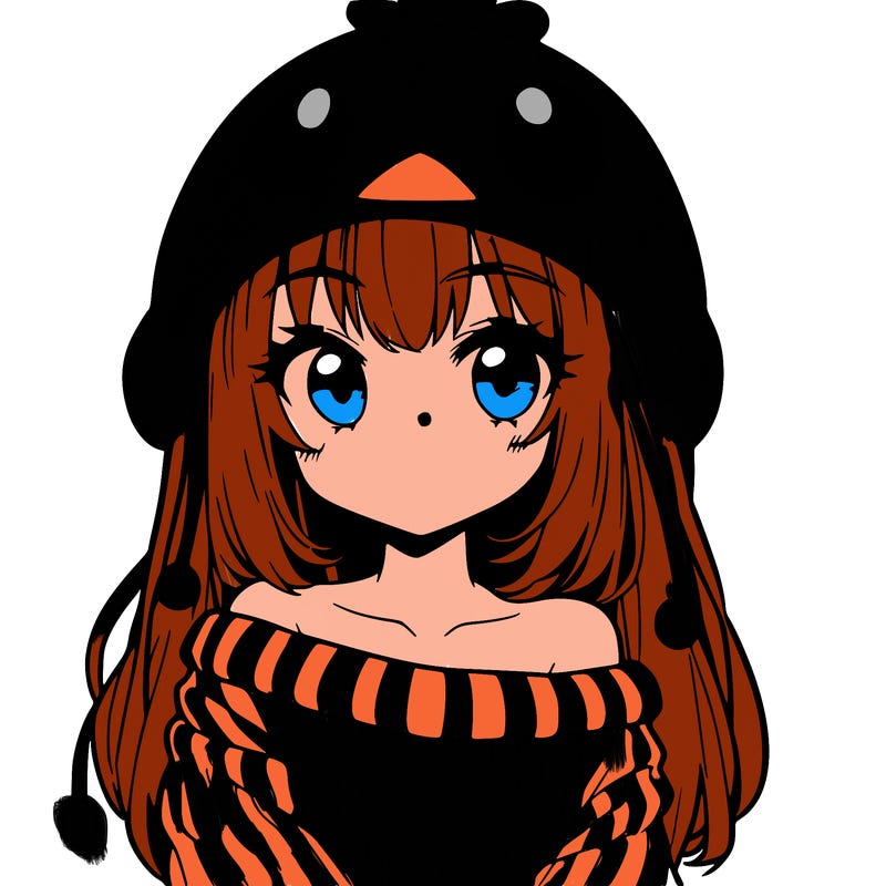 anime girl with chick shaped hat with sweater with bare shoulders with bangs covering them one eye with low tail