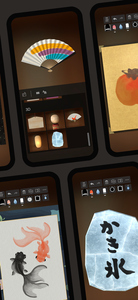 Zen Brush 3 app screenshots showing digital calligraphy and ink wash painting