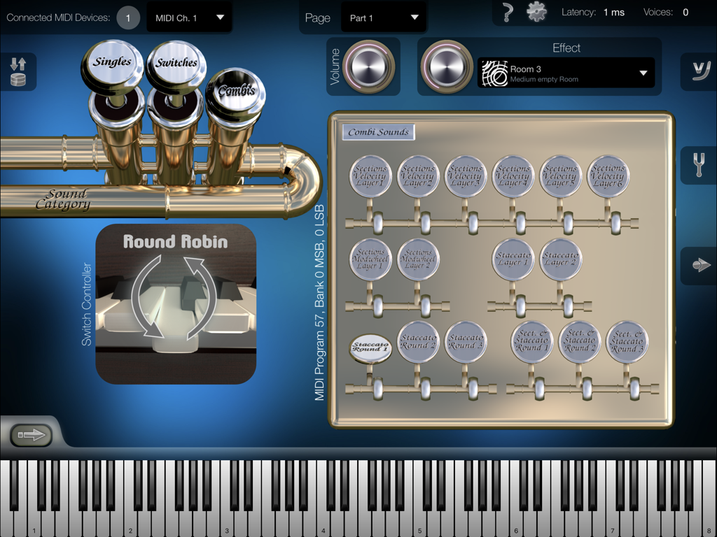 iPad interface of the Heavy Brass app showing the Combi Sounds selection screen and virtual piano keyboard