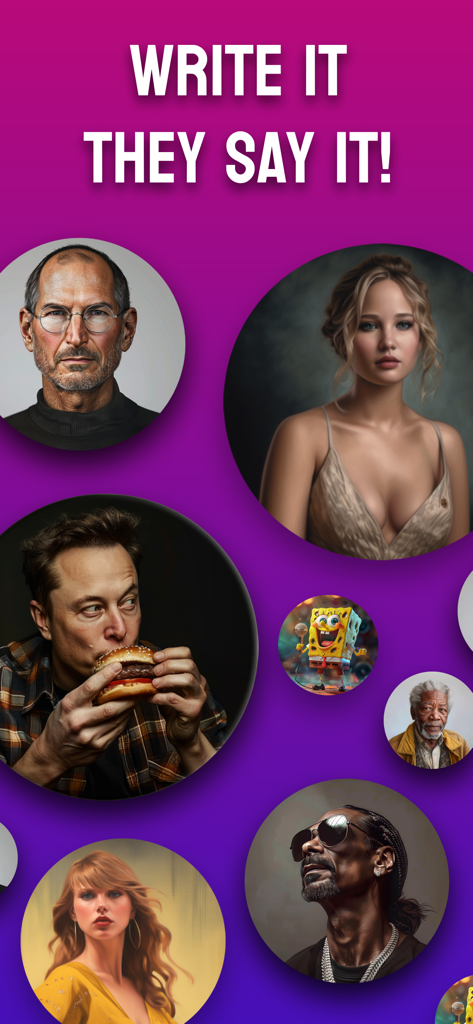AI Voice Generator - SEDA - AI Voice Generator app screen featuring celebrity portraits and the text Write it They Say It