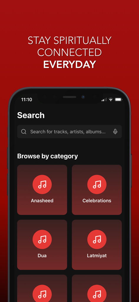 Rawda - Shia Spiritual Audio - Search screen of the Rawda Shia spiritual audio app showing audio categories like Anasheed, Dua, and Latmiyat.