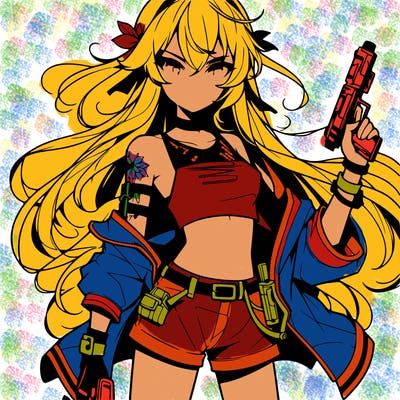 bad girl wearing crop top holding a gun long hair anime
