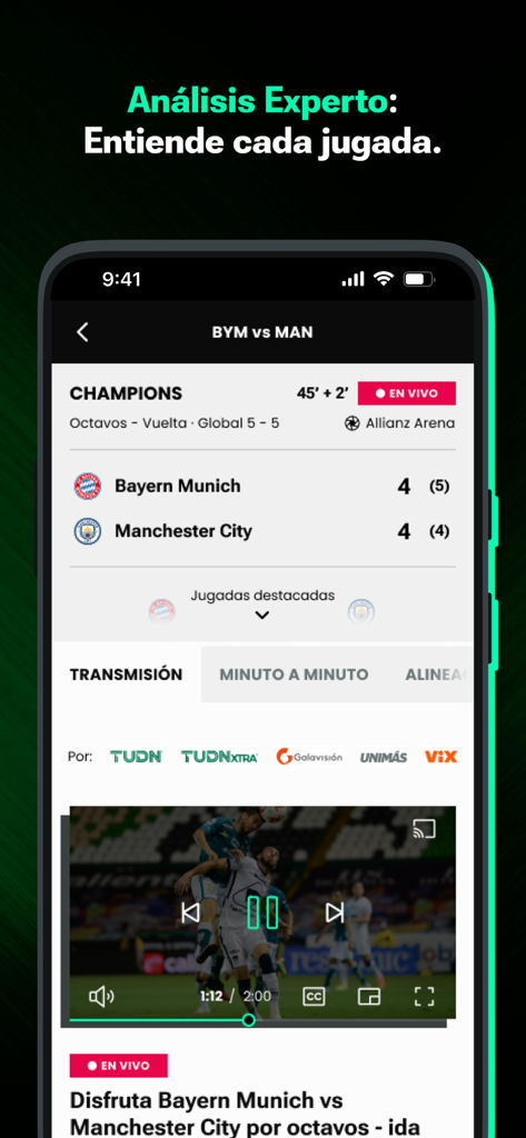 TUDN app interface showing live soccer scores and match analysis for a Champions League game