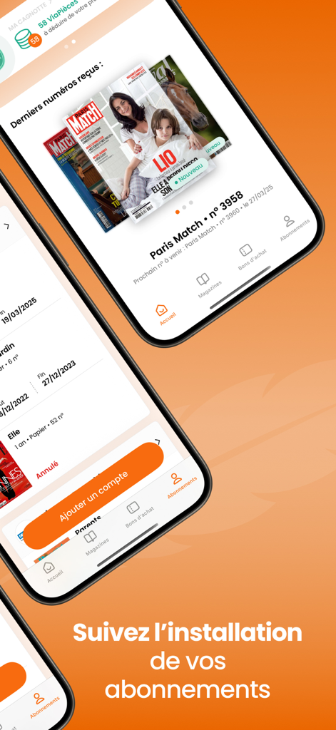 Interface de l'application Press Connect sur mobile montrant les couvertures de magazines et le suivi de la gestion des abonnements.