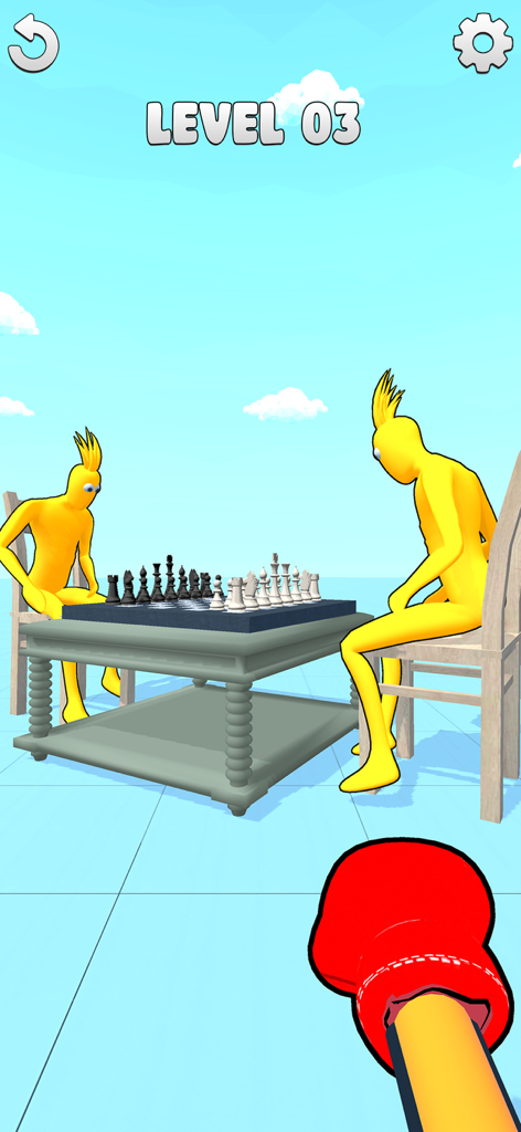 Punch Fun Punching Game - Un guante de boxeo rojo apuntando a dos personajes de muñeco de trapo amarillos jugando al ajedrez en el Nivel 3 de Punch Fun