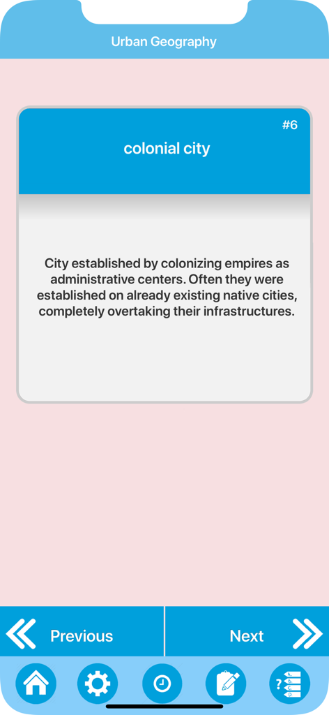 Science : Learn Geography - Educational flashcard explaining the concept of a colonial city within the Urban Geography module