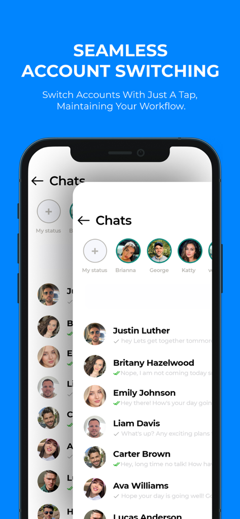 Interface de Clone App montrant le passage transparent entre plusieurs comptes de chat sur un iPhone
