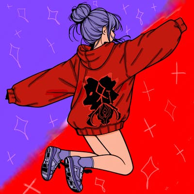 realistic girl jumping with a bun and oversized sweatshirt