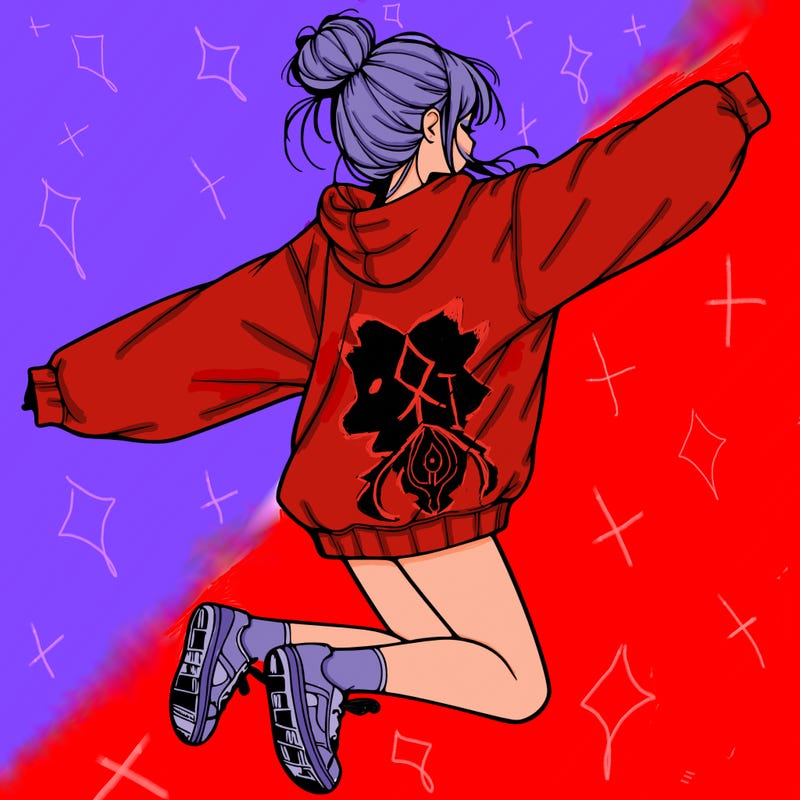 realistic girl jumping with a bun and oversized sweatshirt