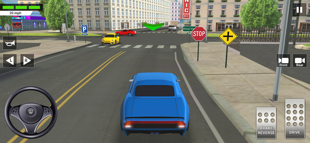標識とリアルなコントロールを備えた街の交差点を走る青い車を示す高校ドライビングテスト3Dゲームプレイ