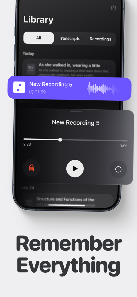 ボイスメモアプリのライブラリと再生コントロールを表示するスマートフォン画面。