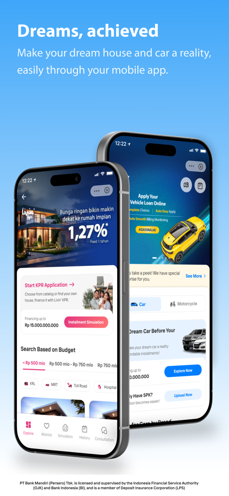 Livin' by Mandiri - Livin by Mandiriアプリのインターフェースに、住宅ローンと自動車ローン申請を表示