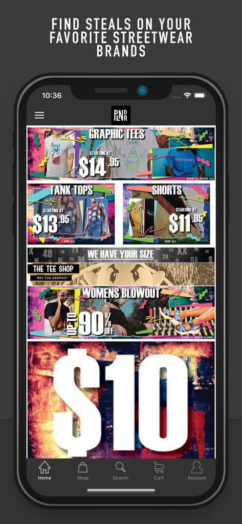 Pantalla de inicio de la aplicación móvil PLNDR que muestra rebajas relámpago de ropa urbana en camisetas gráficas y camisetas sin mangas