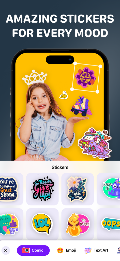 Pantalla de smartphone que muestra una variedad de pegatinas digitales coloridas y frases motivacionales para la edición de video.