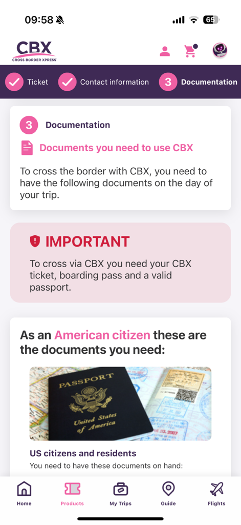 Cross Border Xpress - La pantalla de documentación de la aplicación CBX que muestra una lista de verificación para ciudadanos estadounidenses, incluidos los requisitos de pasaporte.