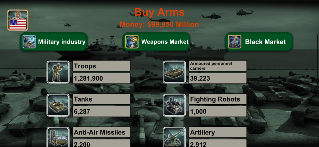 Interfaz de Compra de Armas en World Empire que muestra recuentos de unidades militares incluyendo tropas, tanques y robots de combate para EE. UU.