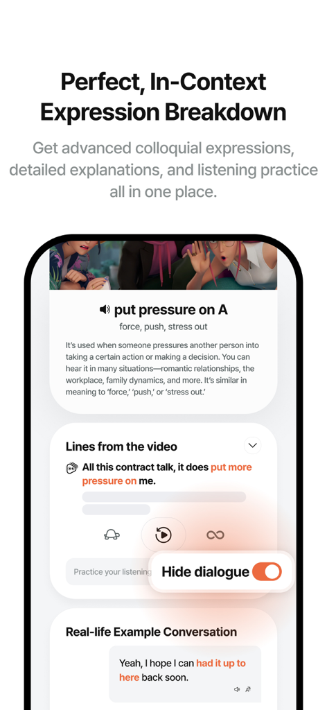 Langflixアプリのインターフェース。英語の口語表現の詳細な内訳と例を表示。