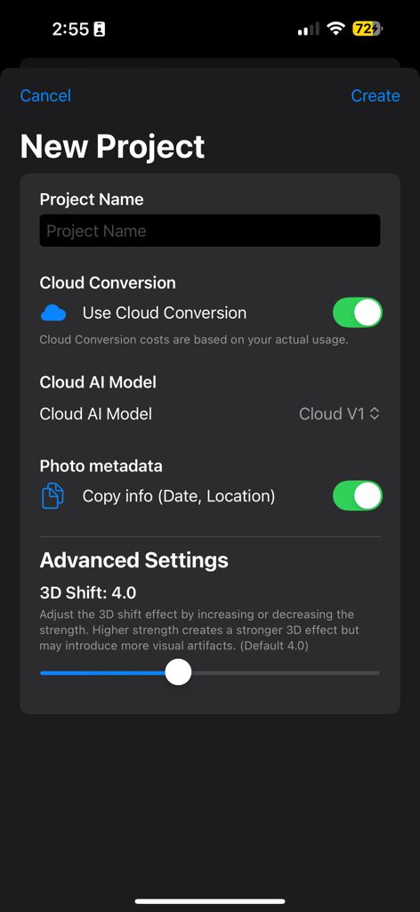 Spatial Video Studio - Spatial Video Studio app interface showing new project settings including cloud conversion and 3D shift slider