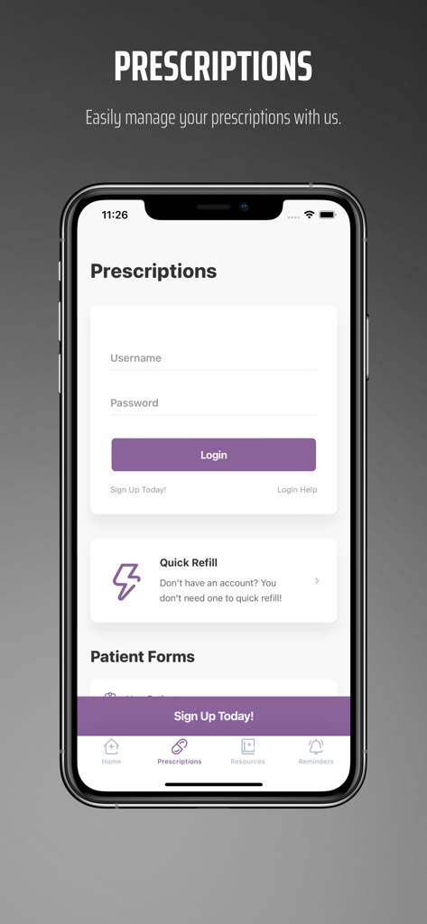 Cooperative Health Pharmacy - Login screen of the Cooperative Health Pharmacy app showing prescription management and quick refill options