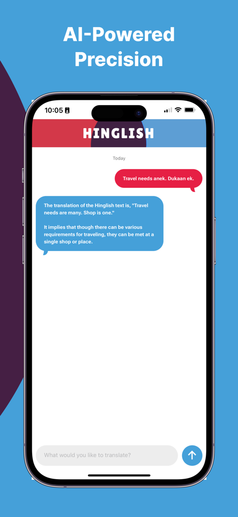 Hinglish Translator app interface showing AI powered translation of Hinglish text into English
