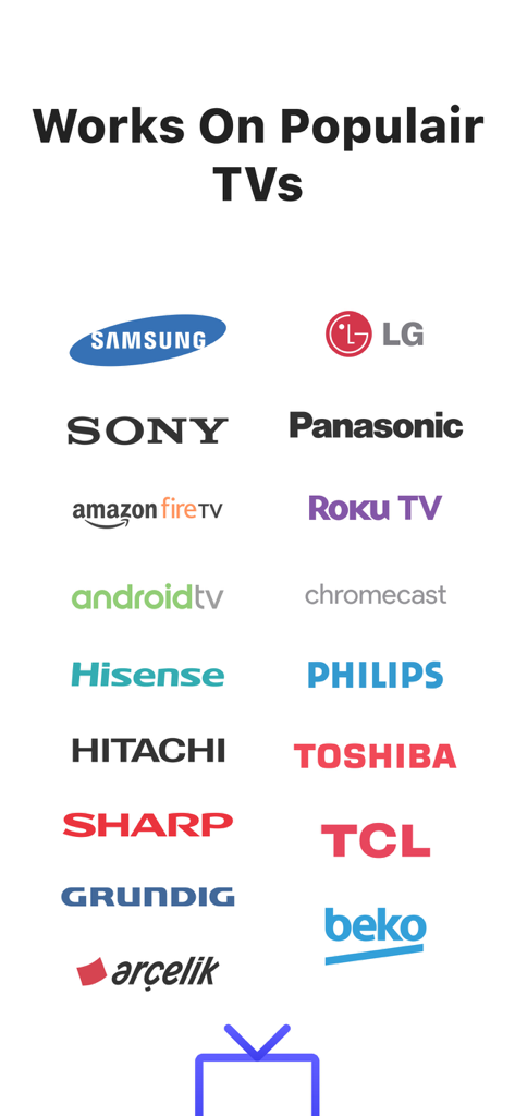 Logos of popular TV brands supported by MirrorMeister screen mirroring app including Samsung LG Sony and Roku TV
