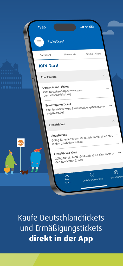 meinAVV - Smartphone screen showing the ticket purchase menu of the meinAVV transit app