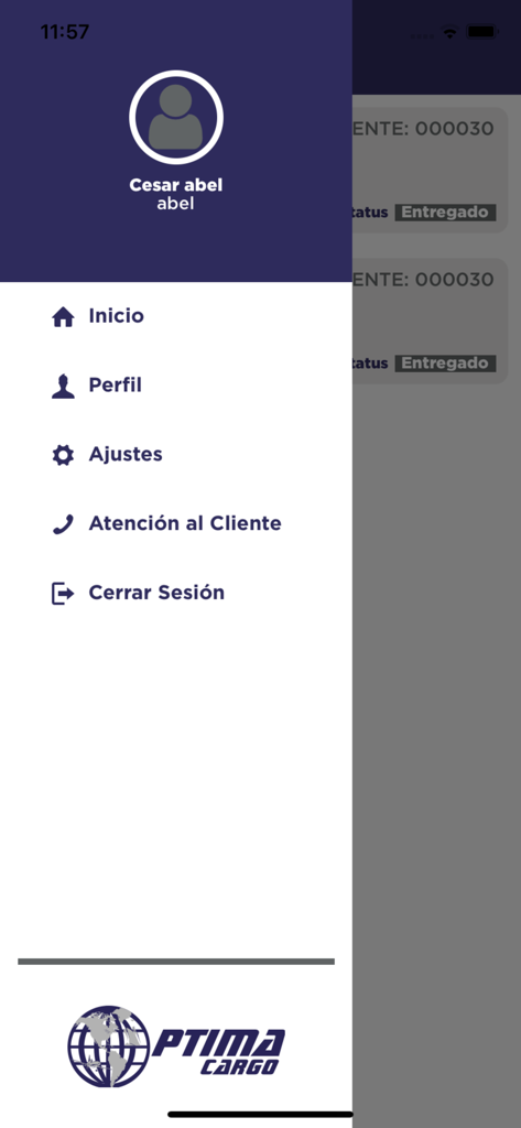 Side menu of Óptima Cargo app displaying navigation options like Home, Profile, and Customer Service in Spanish.