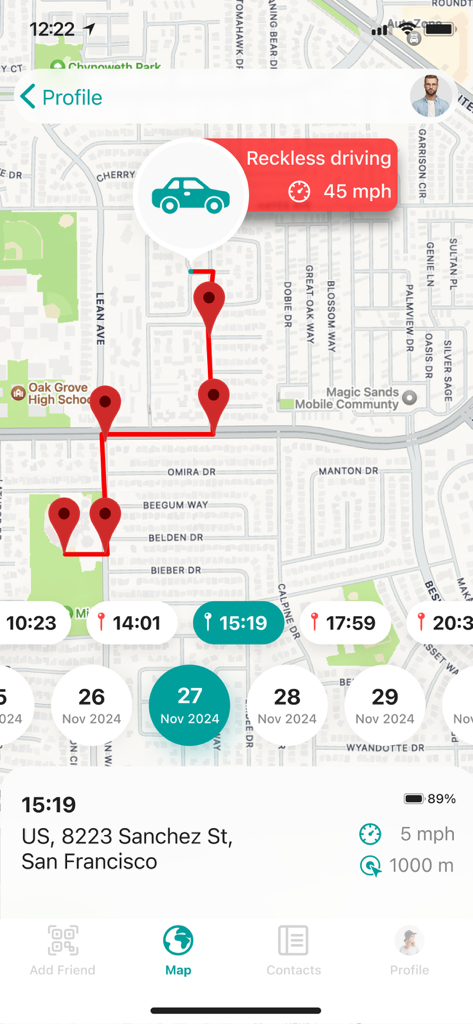 Find My Friends Phone - iMapp - iMapp interface displaying a reckless driving speed alert and location history on a map