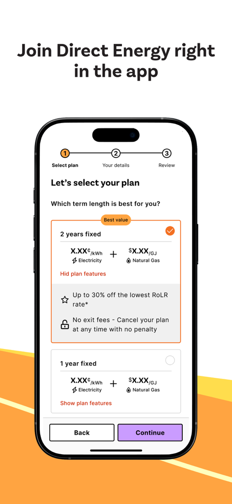 Direct Energy Canada - Direct Energy Canada app screen for selecting electricity and natural gas fixed-rate plans.