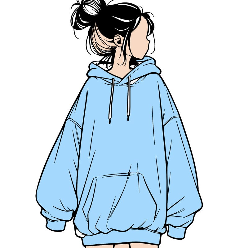 realistic girl with a oversized sweatshirt on and a bun