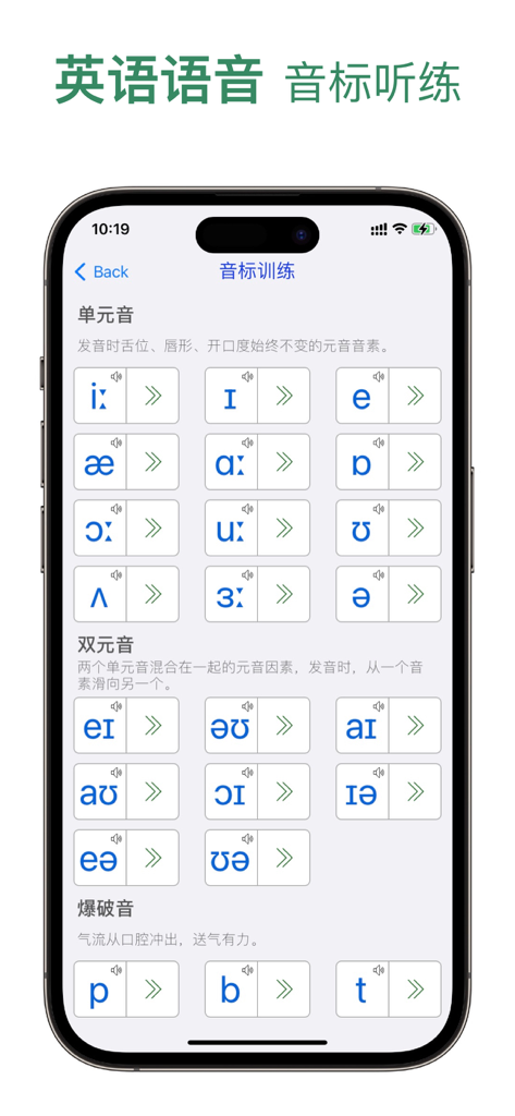 Smartphone-Bildschirm mit britischen englischen IPA-phonetischen Symbolen, kategorisiert für das Aussprachetraining