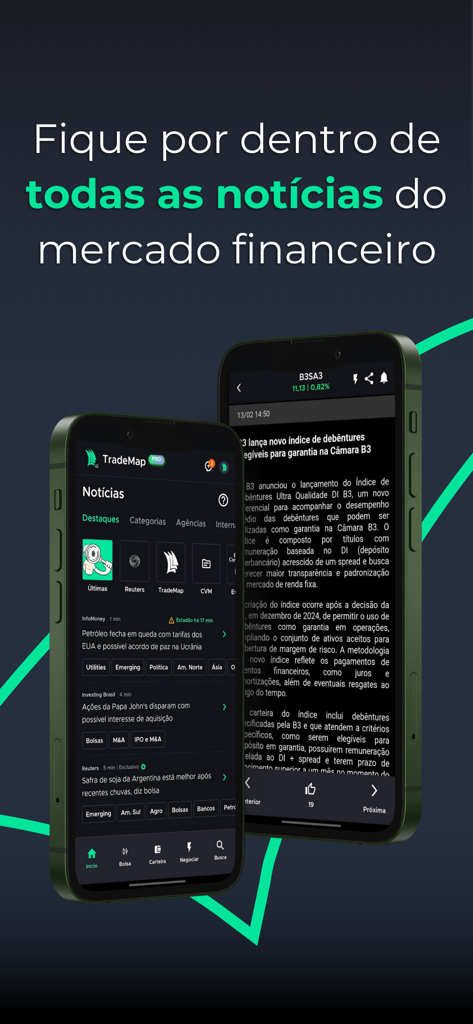 TradeMap: Acompanhe suas ações - TradeMap app interface showing financial market news and investment analysis on two smartphones