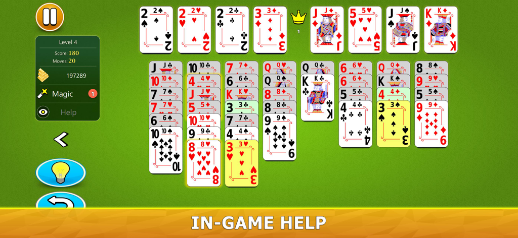 FreeCell Solitaire Mobile - Jugabilidad de FreeCell Solitario Móvil mostrando el sistema de ayuda en el juego e interfaz horizontal con cartas resaltadas.