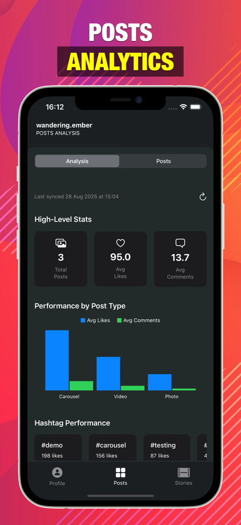 Social Scan: Followers Tracker - Social Scan app displaying instagram posts analytics including performance by post type and hashtag stats