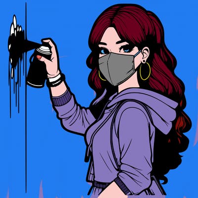 realistic girl with mask spray painting a wall