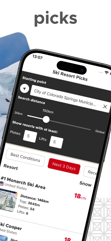 検索フィルターに基づいてスキーリゾートの選択と積雪予報を表示するモバイルアプリのインターフェース。