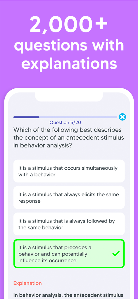 ABA Exam Prep & BCBA Test 2025 - Interfaz móvil que muestra una pregunta de práctica BCBA sobre estímulo antecedente con una respuesta correcta seleccionada y explicación.