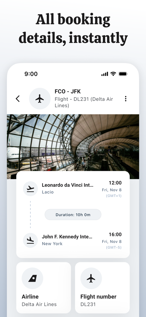 TripZen - Travel Planner - TripZen app screen displaying flight details for a Delta Air Lines journey from Rome to New York
